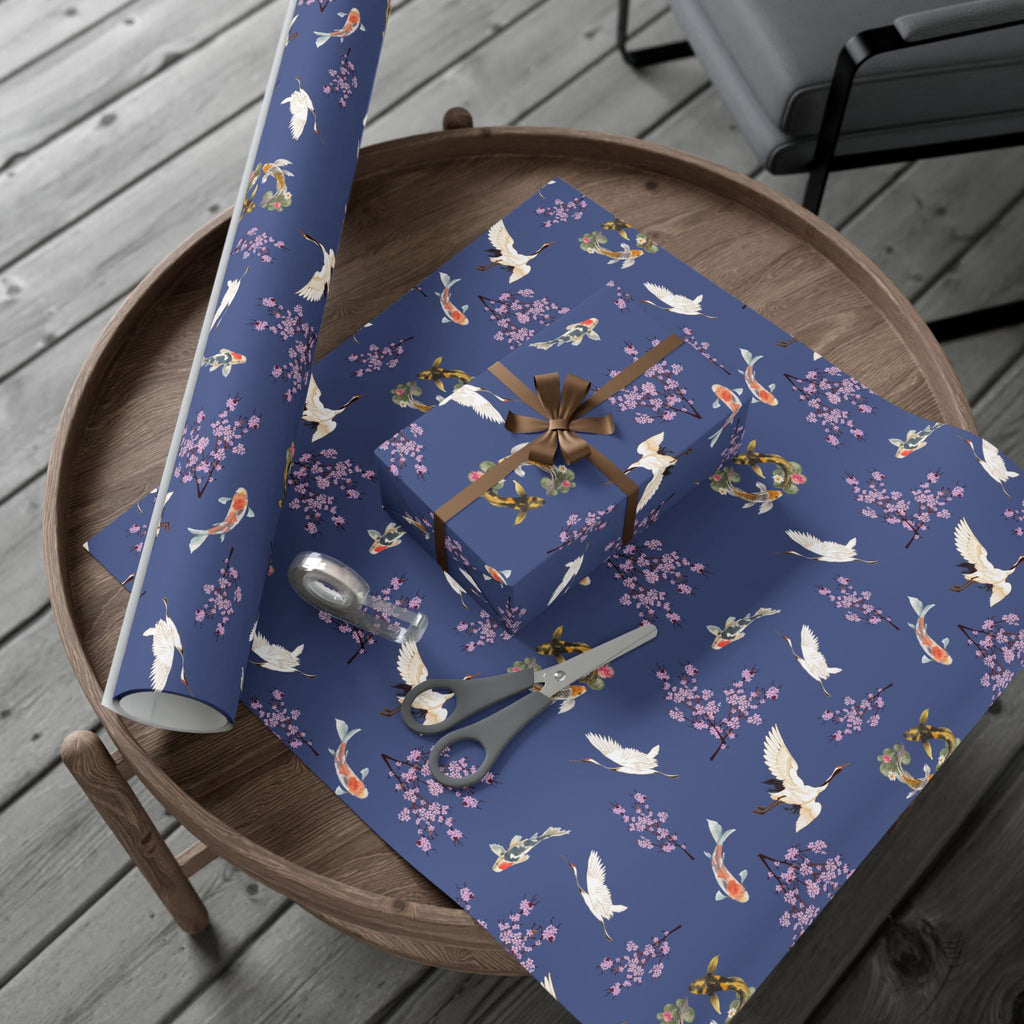 Elegant Koi Fish Cherry Blossom Gift Wrap, indigo Blue Wrapping Paper, Crane Pattern