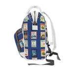 Great Lakes blue Michigan Postage Stamps Diaper Backpack, Blue Travel Stamp Print Multifunctional Baby Bag for Michganders