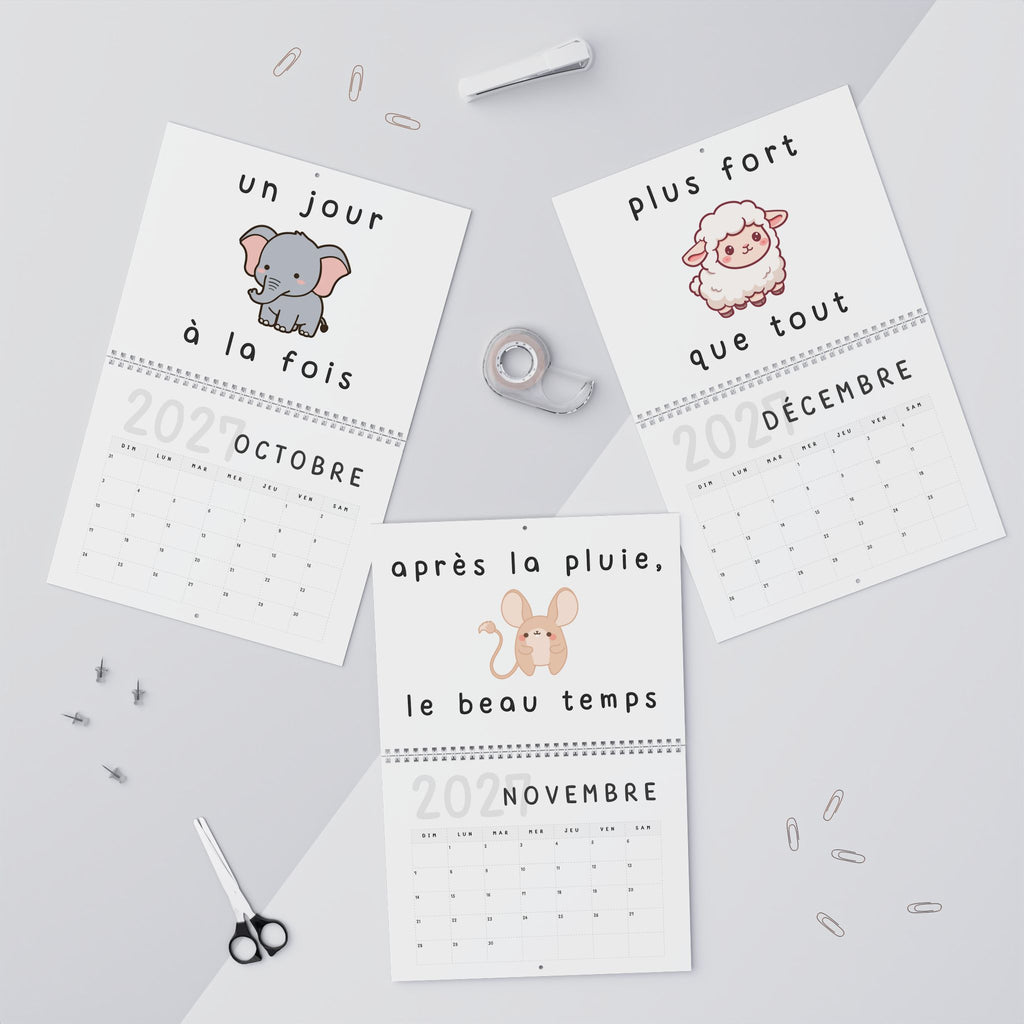 French motivational phrases kawaii Monthly Wall Calendar 2027, Cute Encouragement Calendar