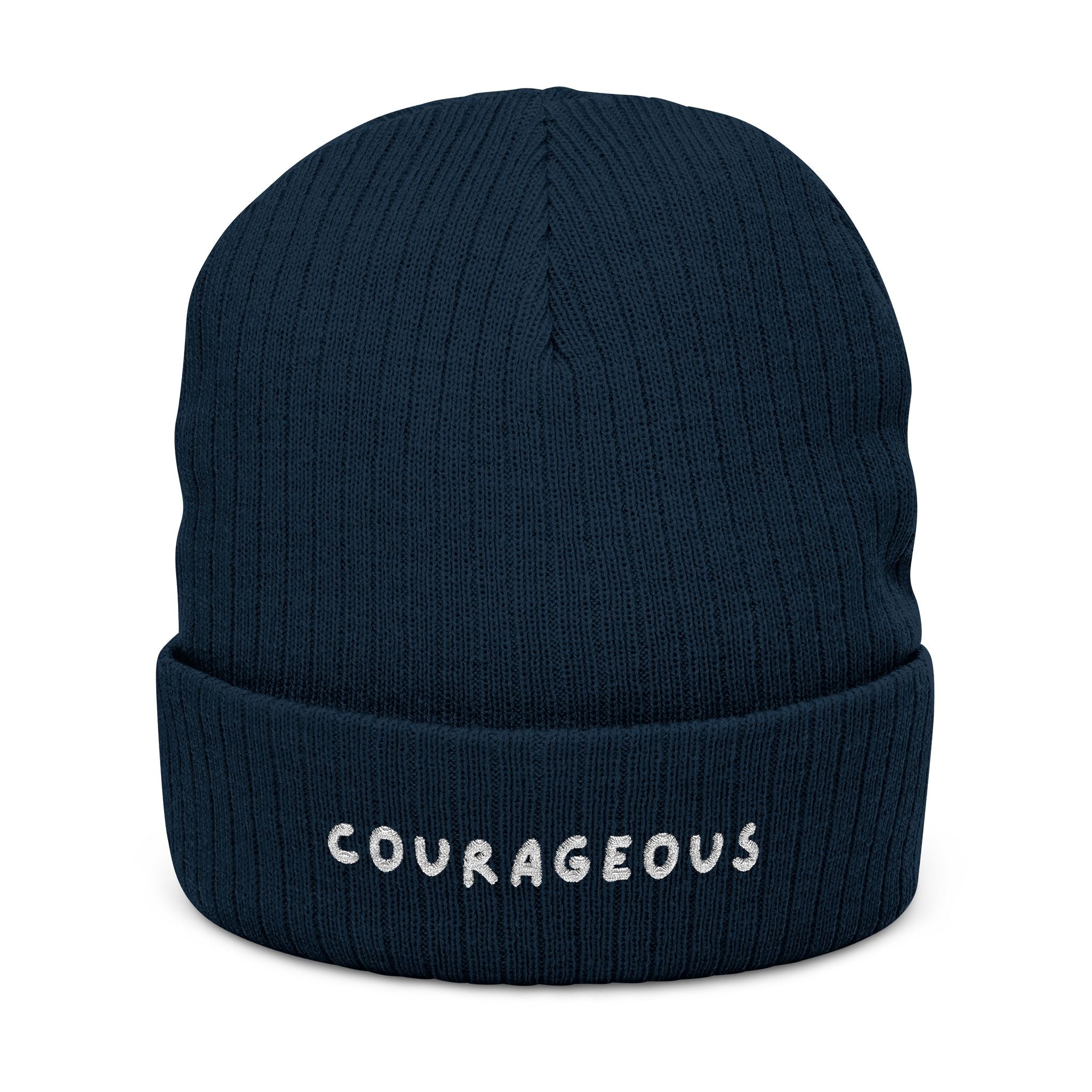 Courageous Embroidered Ribbed Beanie – Cozy Knit Winter Hat with 'COURAGEOUS' Text