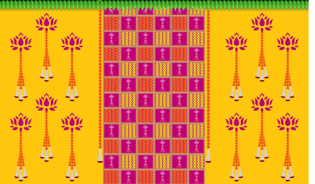 Traditional Indian Backdrop Banner for Diwali, Wedding, Seemantham Ceremony, Housewarming - 5 x 8 Feet Fabric Backdrop (1120)