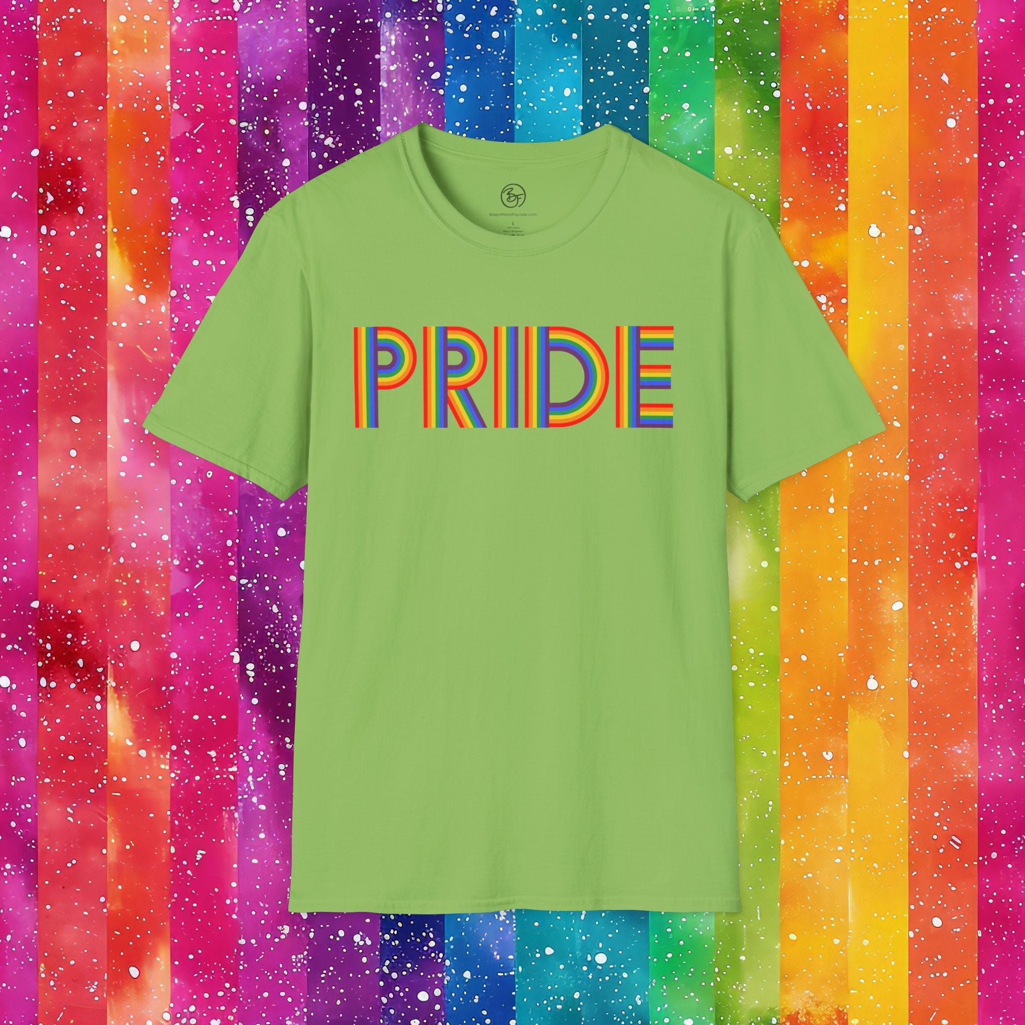 Bespattered Facade Rainbow Pride Ribbon Letters Unisex Softstyle T-Shirt