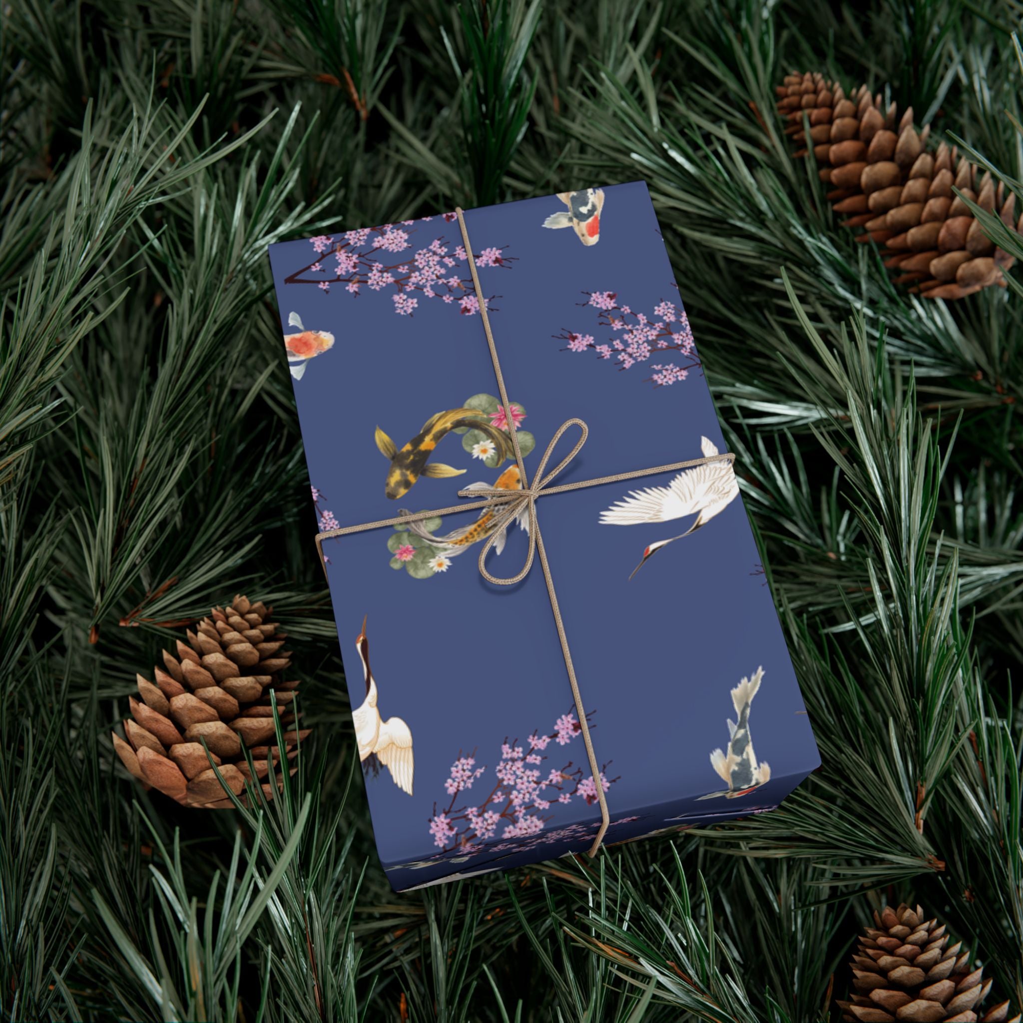 Elegant Koi Fish Cherry Blossom Gift Wrap, indigo Blue Wrapping Paper, Crane Pattern