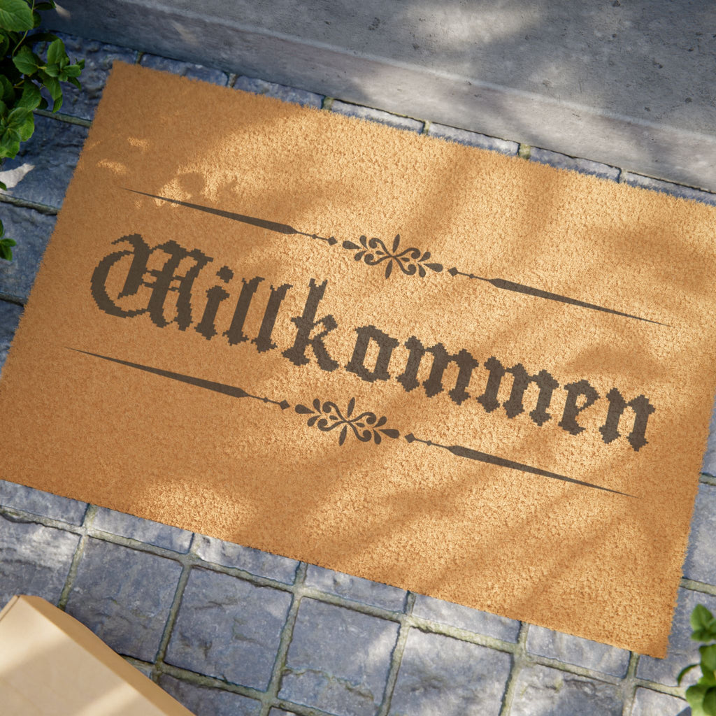 Willkommen Doormat – Rustic pixelated text German Welcome Coir Mat