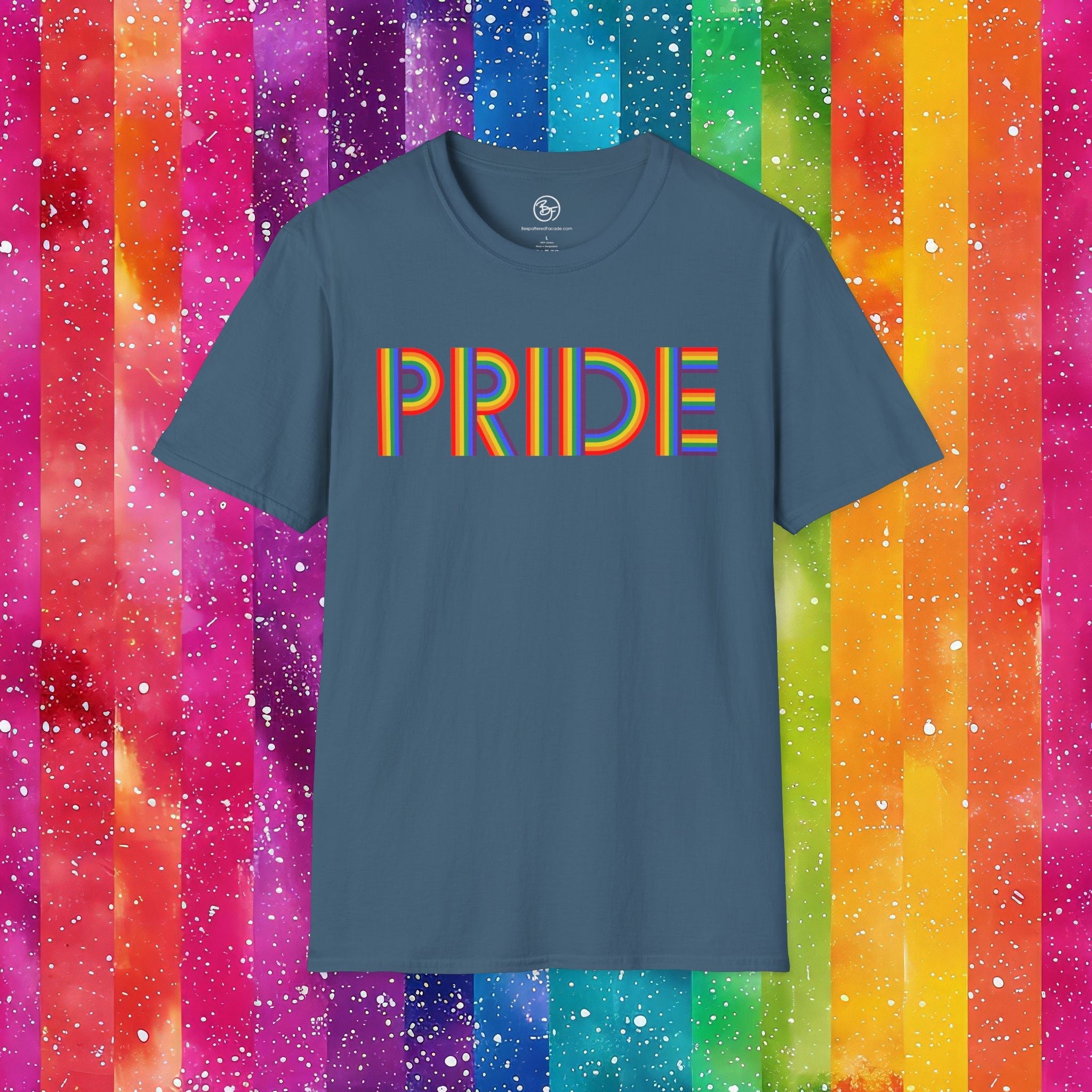Bespattered Facade Rainbow Pride Ribbon Letters Unisex Softstyle T-Shirt