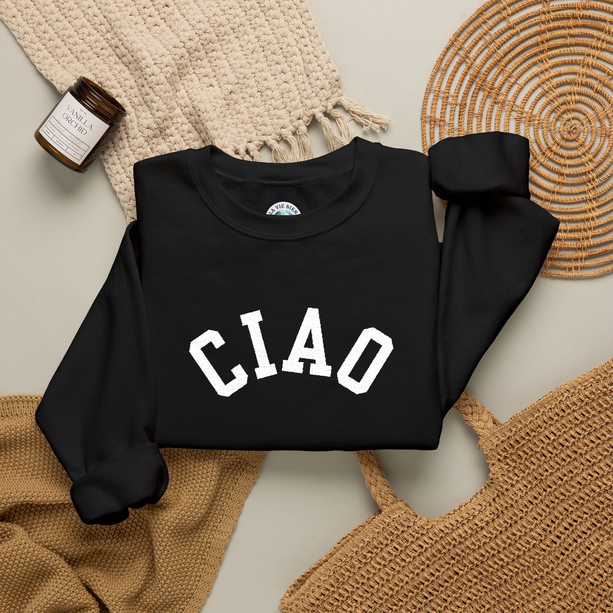 Ciao embroidered Italian Crewneck Sweatshirt, Italian Greeting Graphic Pullover