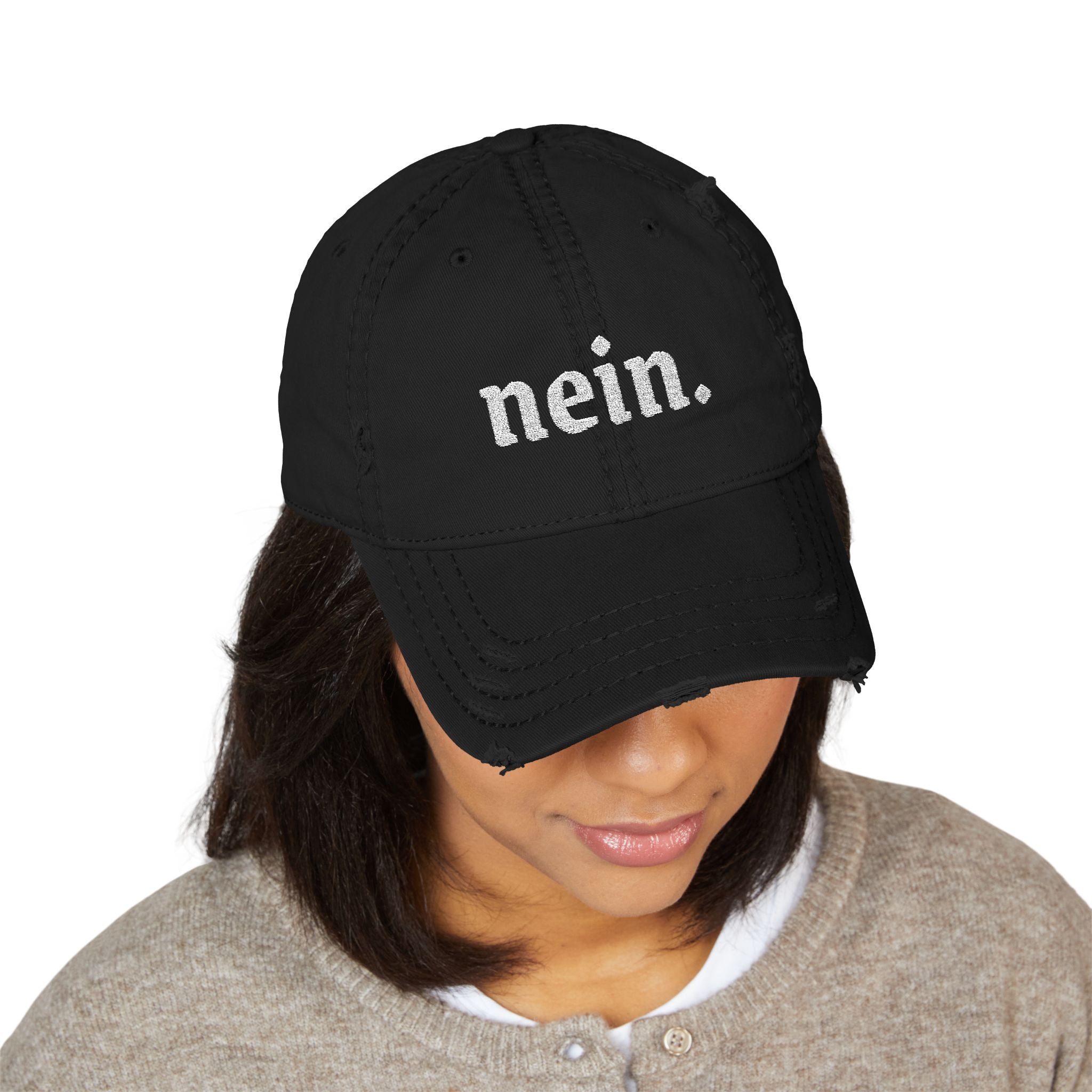 Nein. Embroidered Distressed Dad Hat — Vintage German Humor Cap