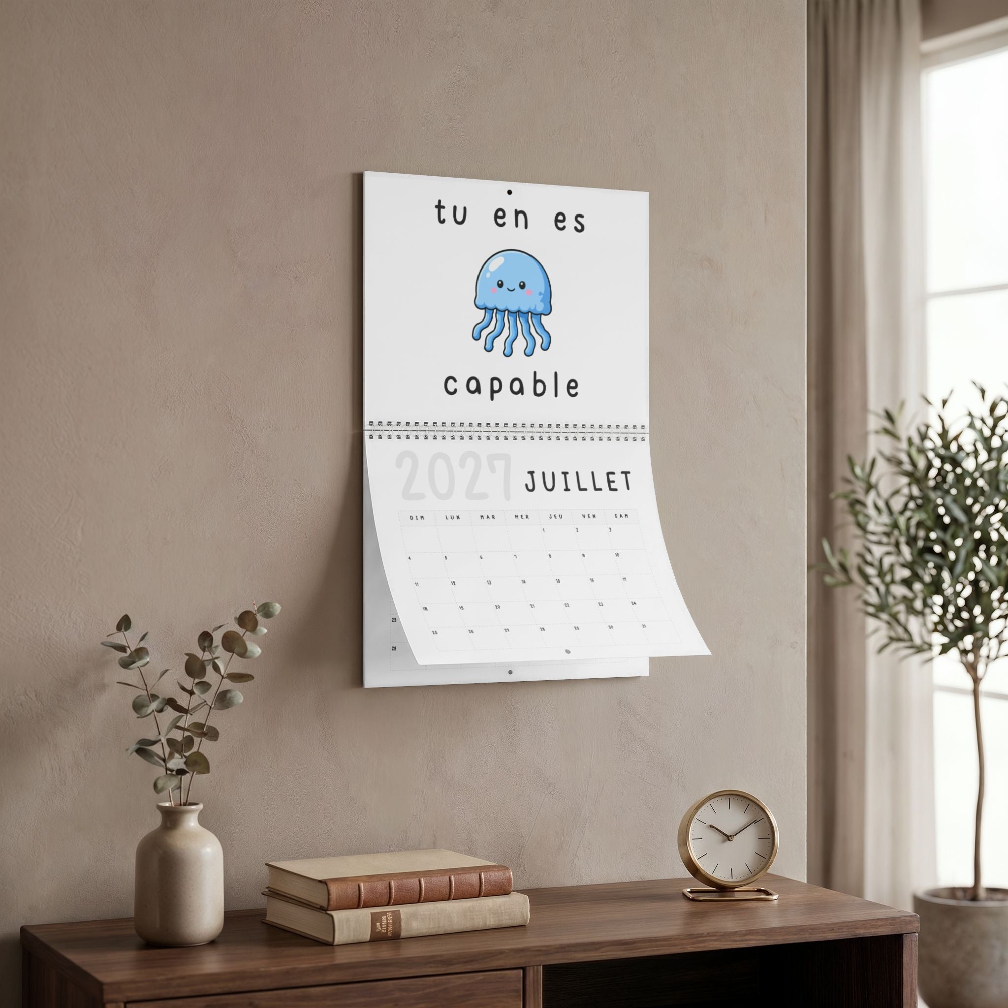 French motivational phrases kawaii Monthly Wall Calendar 2027, Cute Encouragement Calendar