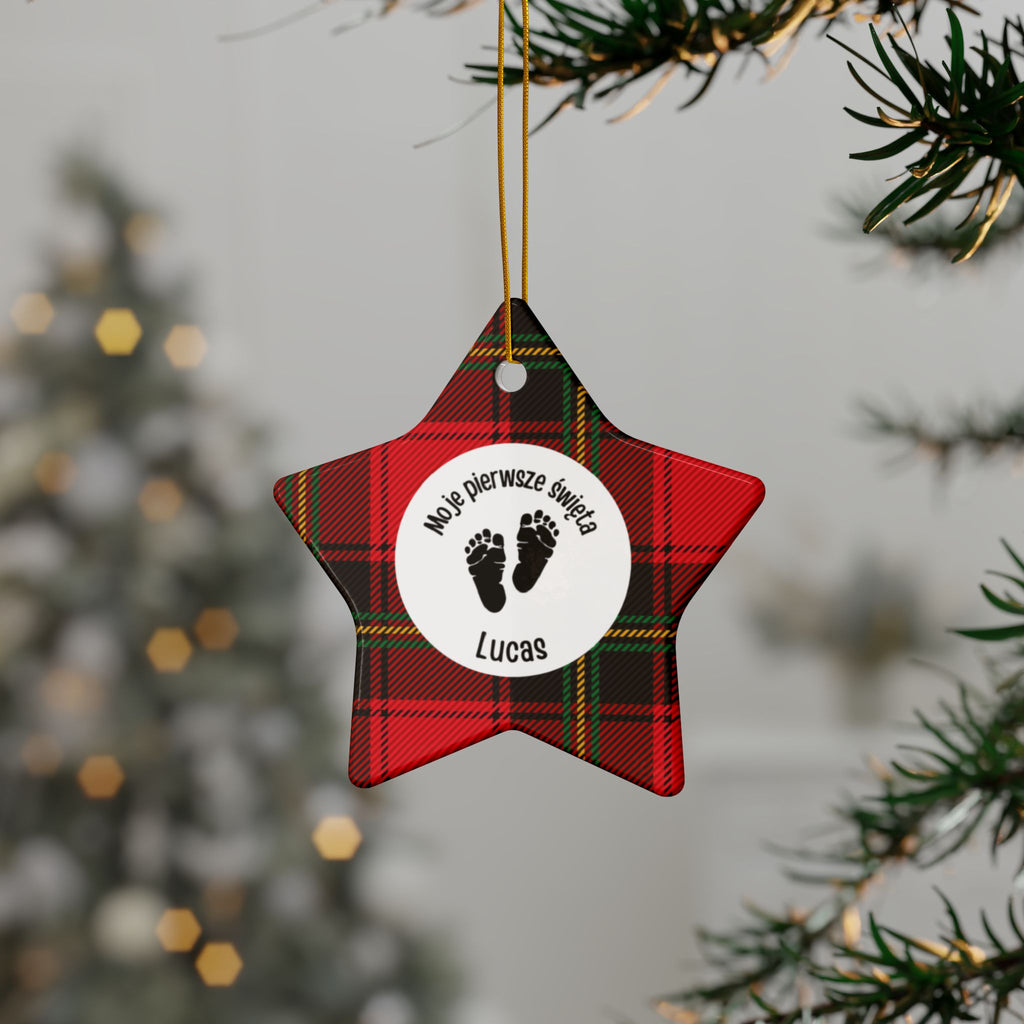 Moje pierwsze święta - Personalized Baby’s First Christmas Ceramic Ornament — Red Tartan Double-Sided