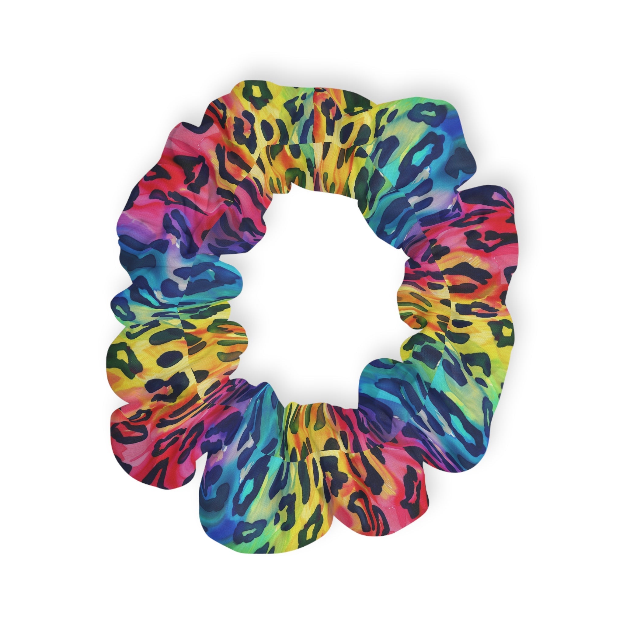 Bespattered Facade Rainbow Watercolor Leopard Scrunchie