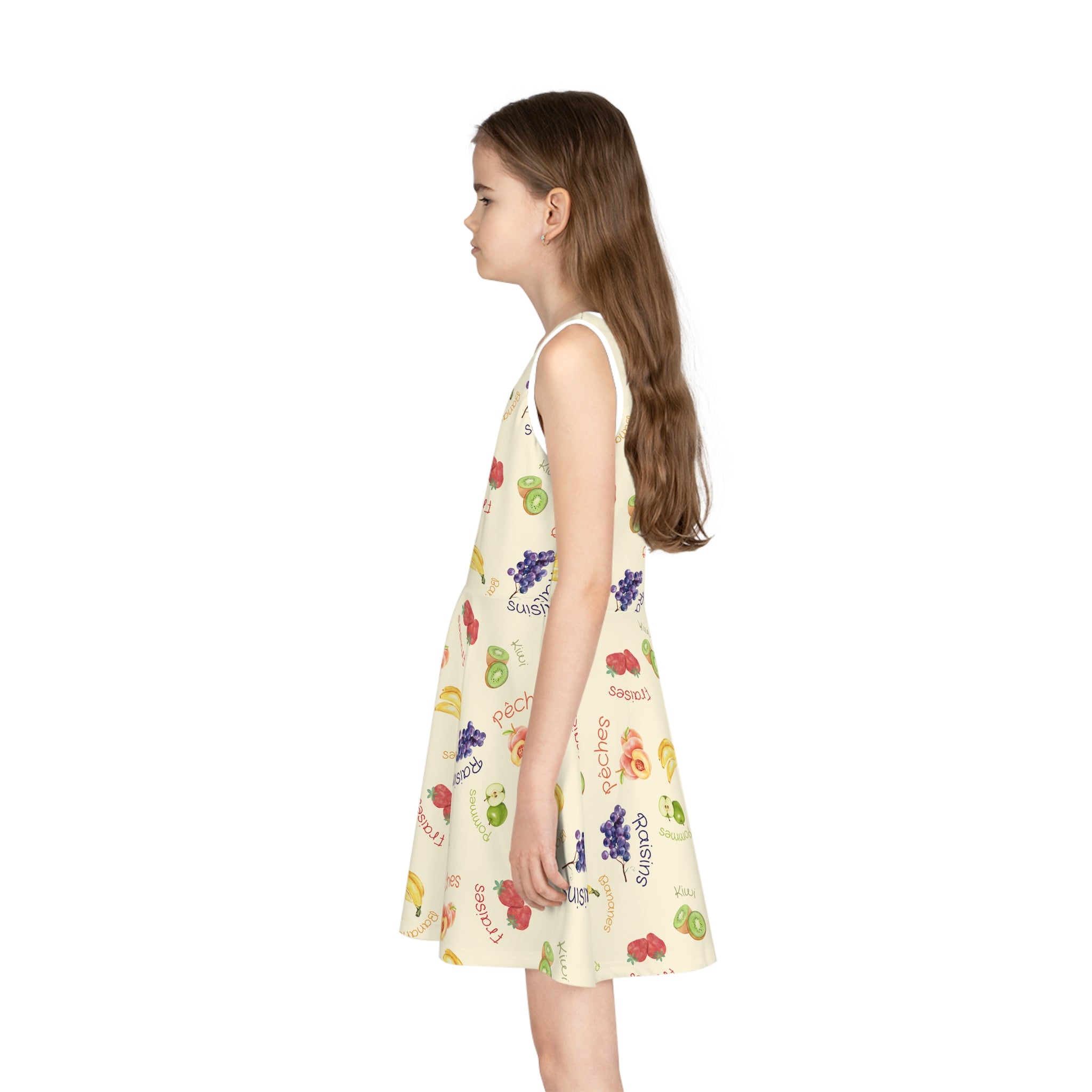 French Fruits Pattern children's Sundress, peaches kiwi bananas grapes girls sleeveless dress