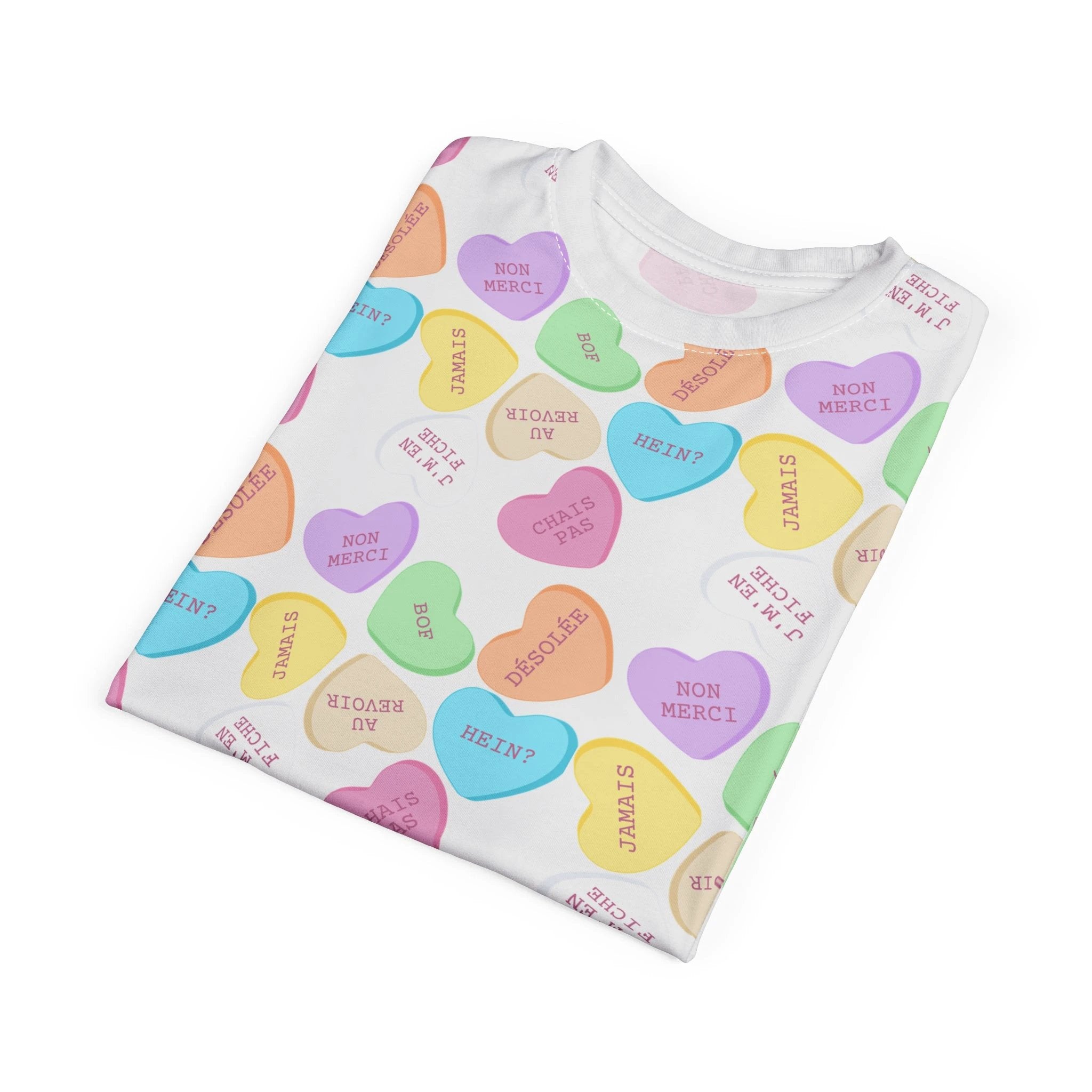 French sass Conversation Heart Pattern Tee, All-Over Print Candy Hearts T-Shirt by Printify