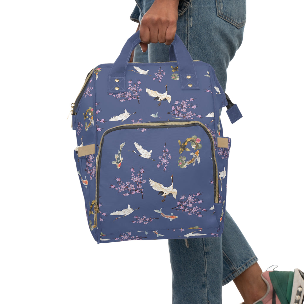 Cranes, Koi fish, and Cherry Blossoms Diaper Backpack - Japanese nature inspired