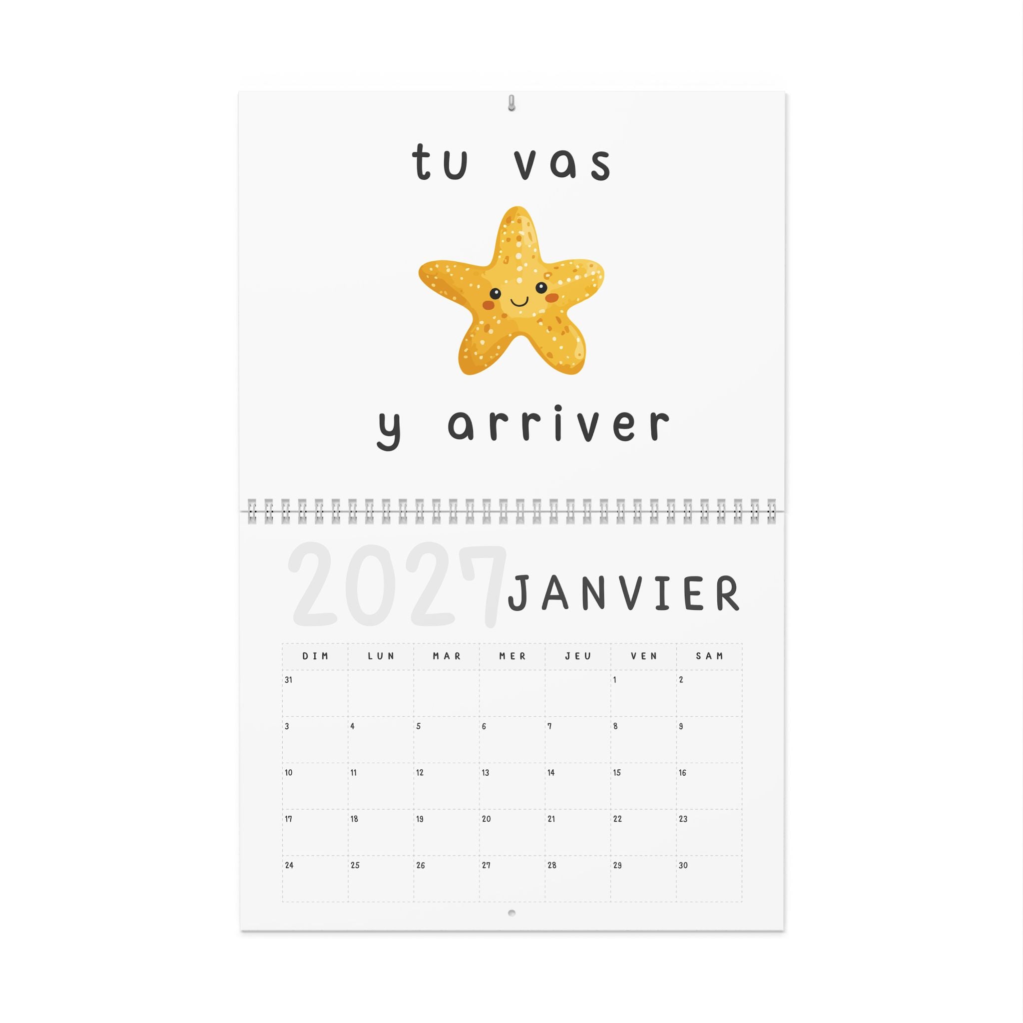 French motivational phrases kawaii Monthly Wall Calendar 2027, Cute Encouragement Calendar