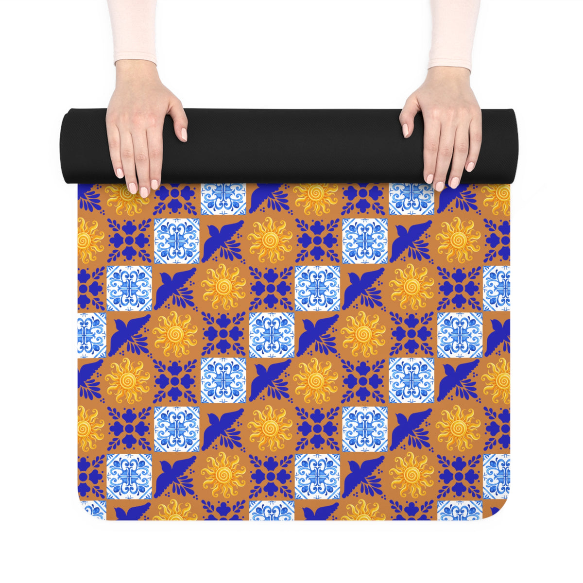 Talavera Sol Tile Pattern Rubber Yoga Mat, Mediterranean Geometric Design