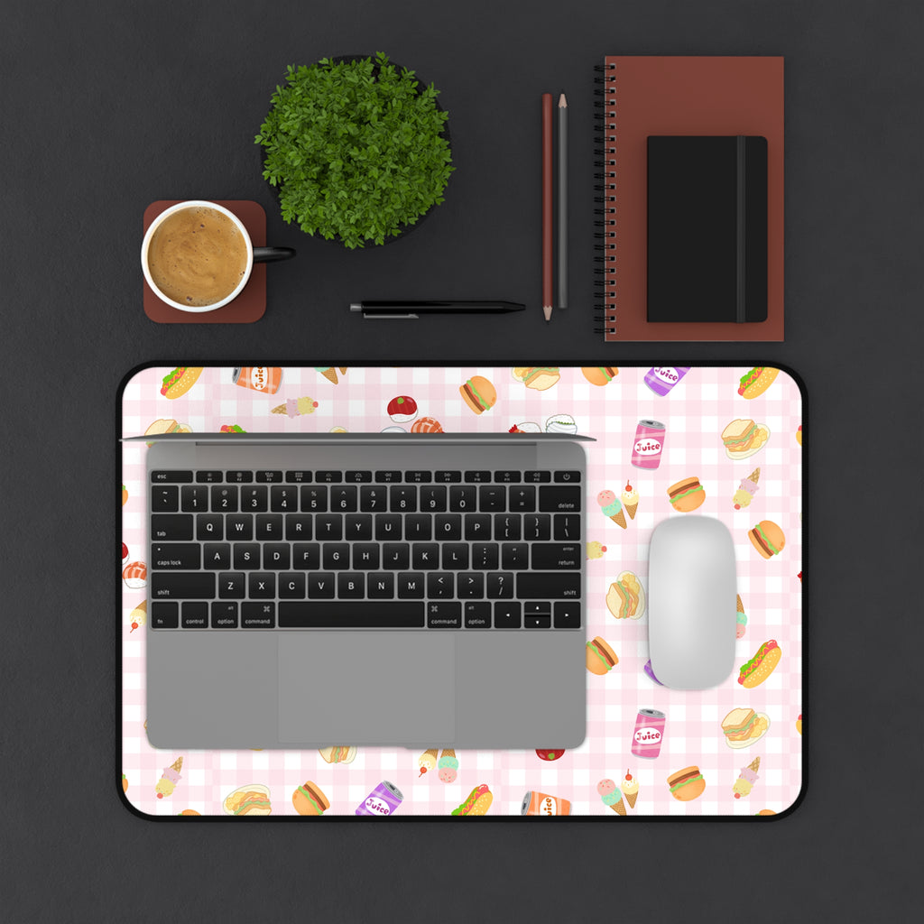 Pink gingham Foodie Picnic Snacks Desk Mat, Cute Food Pattern, light plaid Background