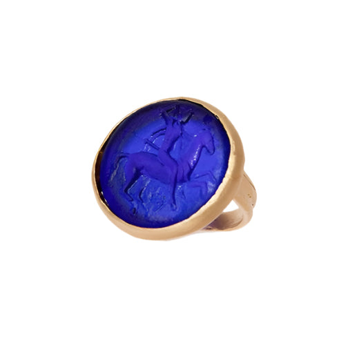 Glass Mounted Warrior Coin Motif Ring (Cobalt Tone)