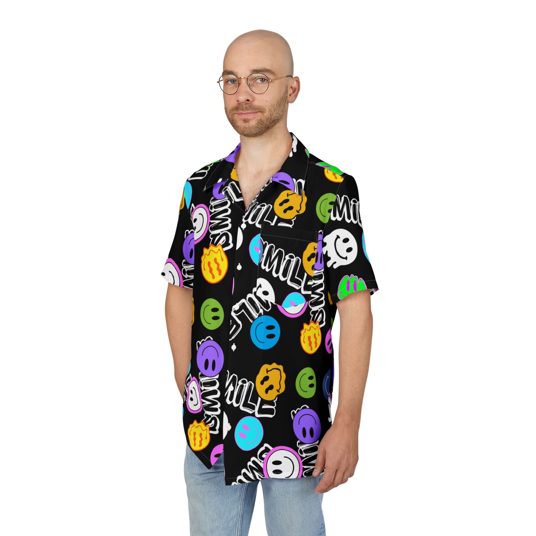 Colorful trippy Smiley face Pattern Hawaiian Button-Down polo T-shirt