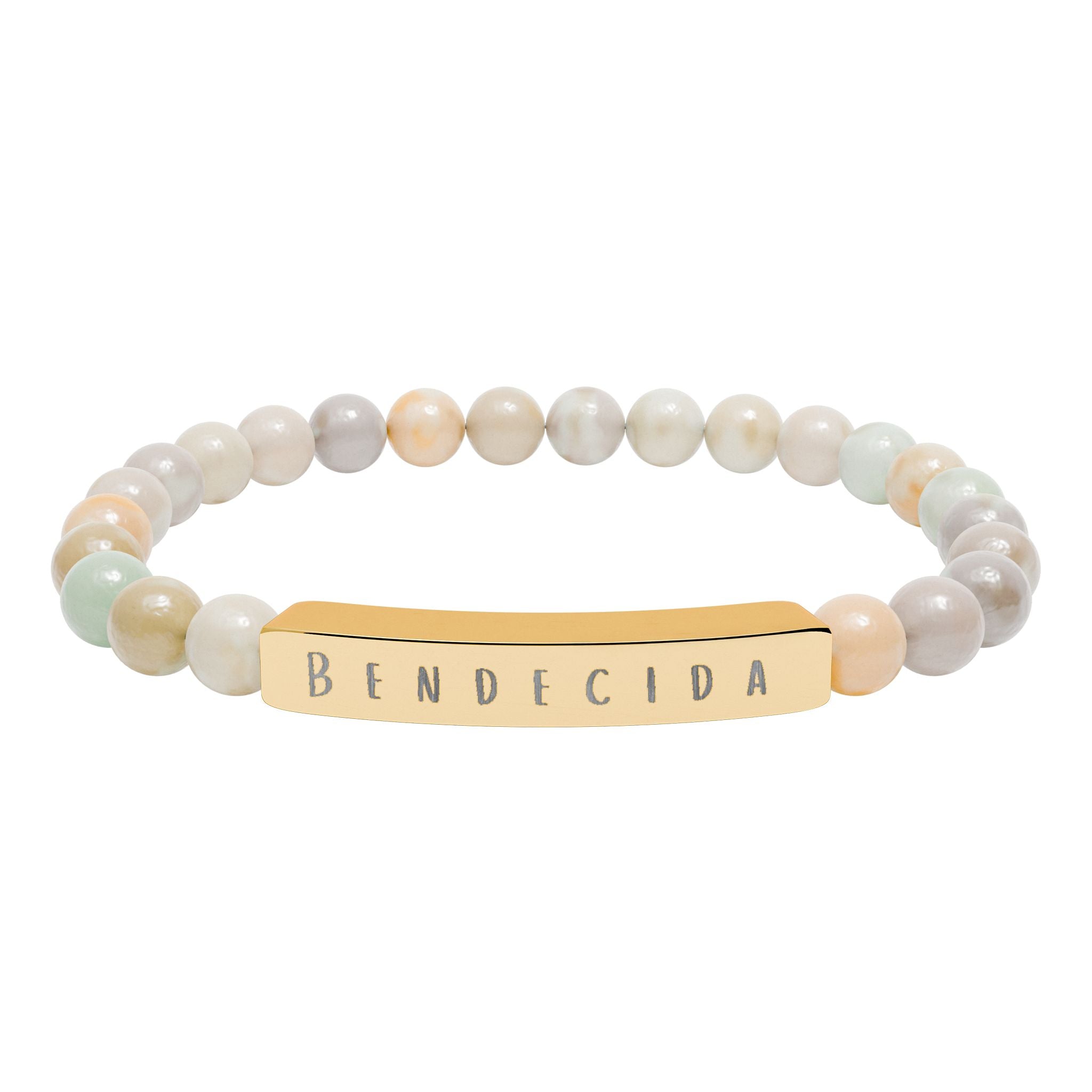 Bendecida (Blessed) Spanish Engraved Natural Stone Stretch Bar Bracelet – Beaded Bracelet