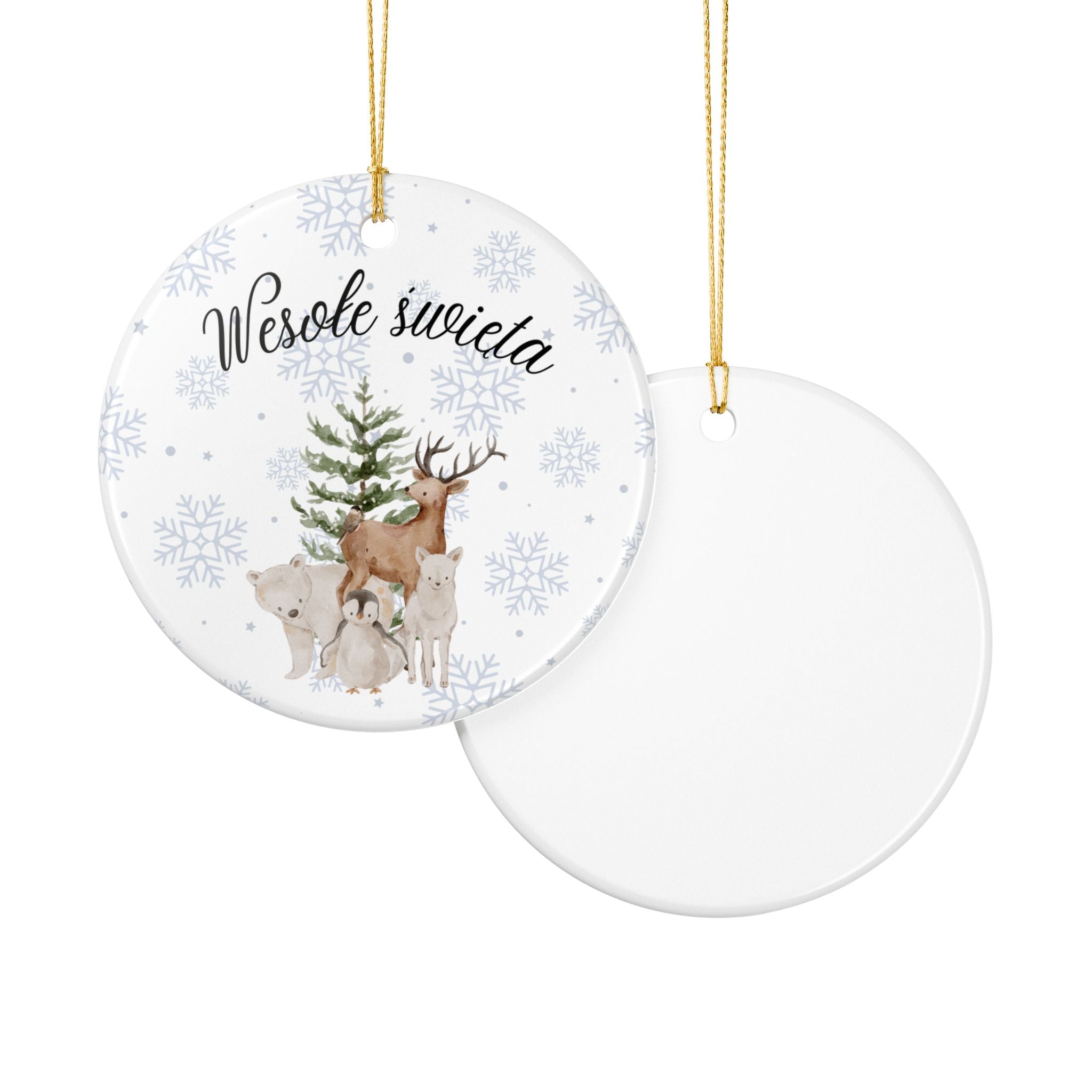 Wesole Swieta Woodland Animals Ornament, Polish Merry Christmas Ceramic Christmas Decoration