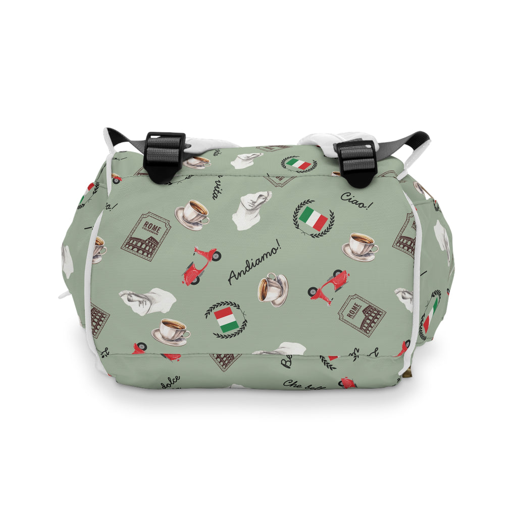 Italian chic Pattern Diaper Backpack with espresso, scooter, Italian flag, and Italian phrases