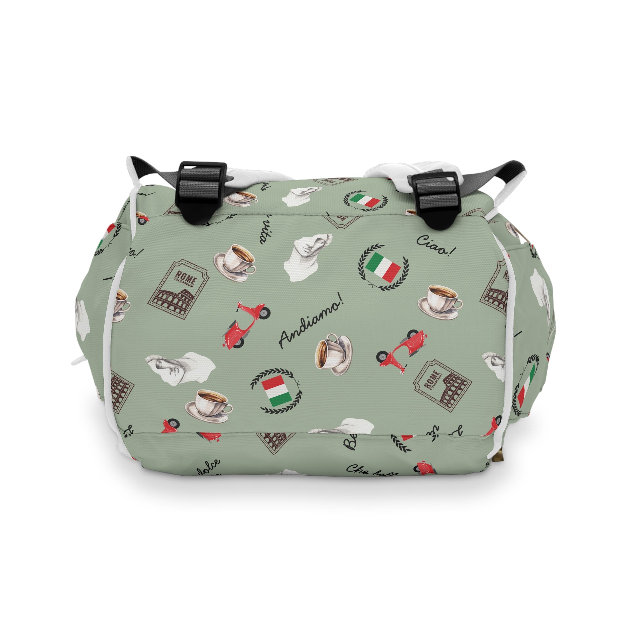 Italian chic Pattern Diaper Backpack with espresso, scooter, Italian flag, and Italian phrases