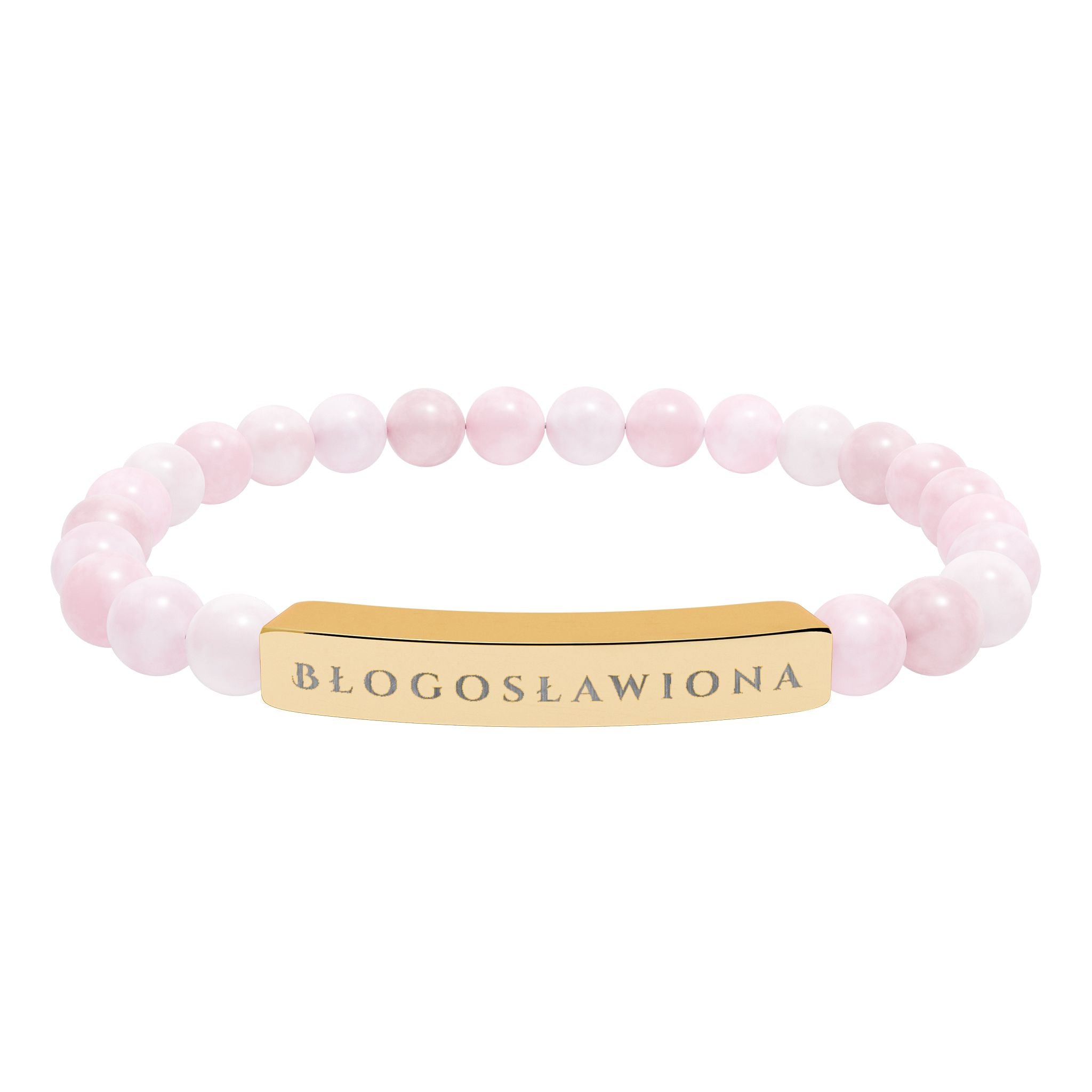Błogosławiona (Blessed) Polish Engravable Natural Stone Bead Bracelet, Personalized Bar Stretch Bracelet