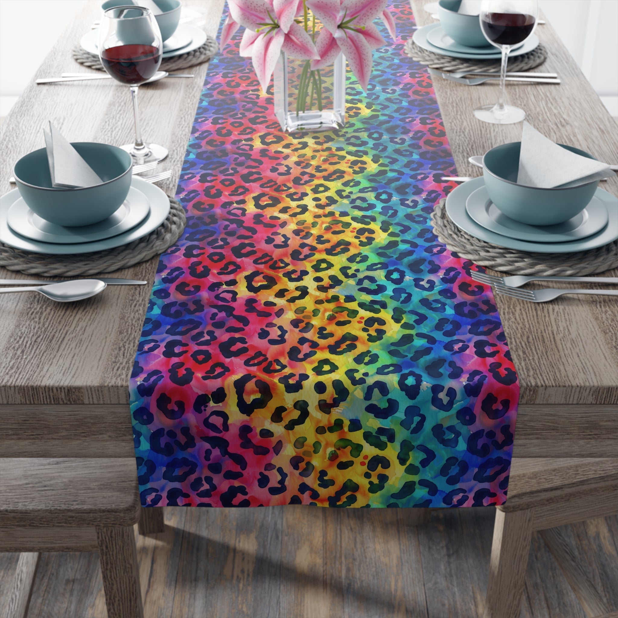 Bespattered Facade Rainbow Watercolor Leopard Table Runner (2 sizes)
