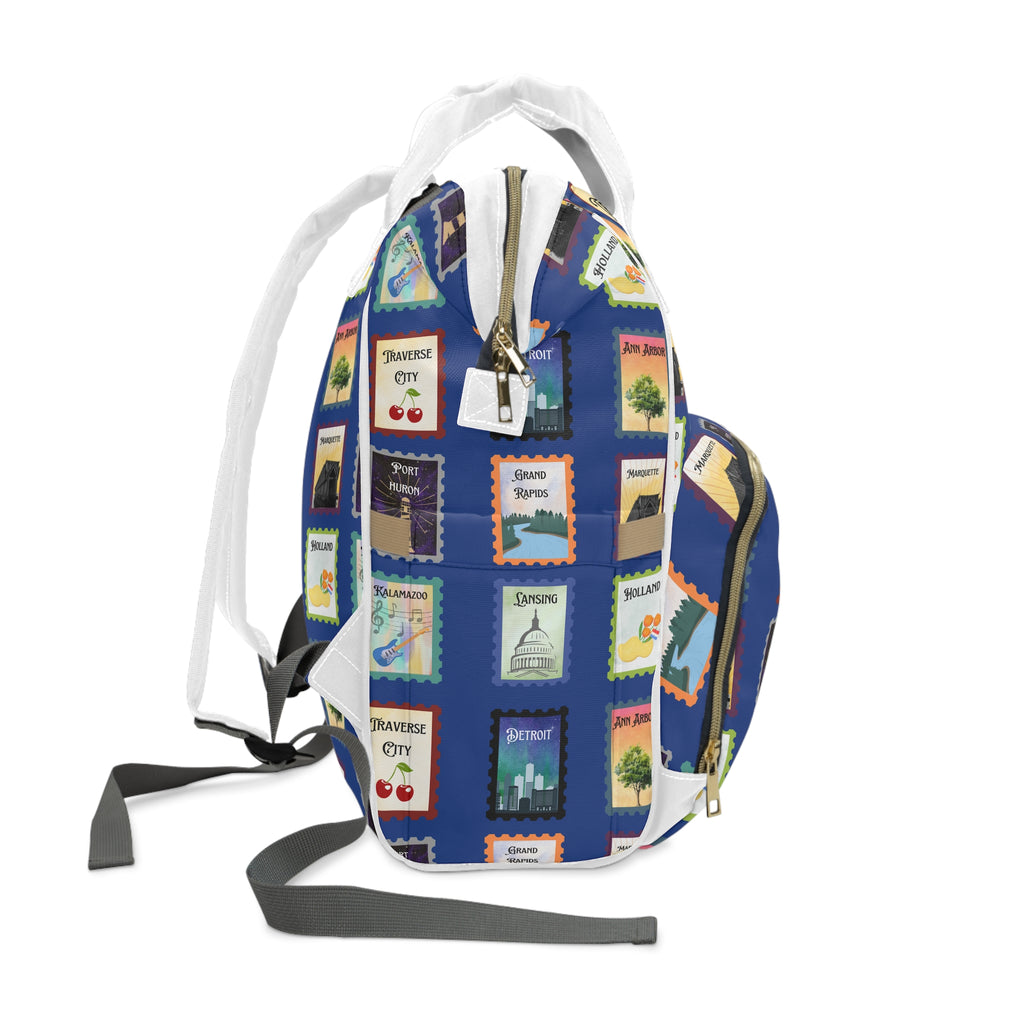 Great Lakes blue Michigan Postage Stamps Diaper Backpack, Blue Travel Stamp Print Multifunctional Baby Bag for Michganders