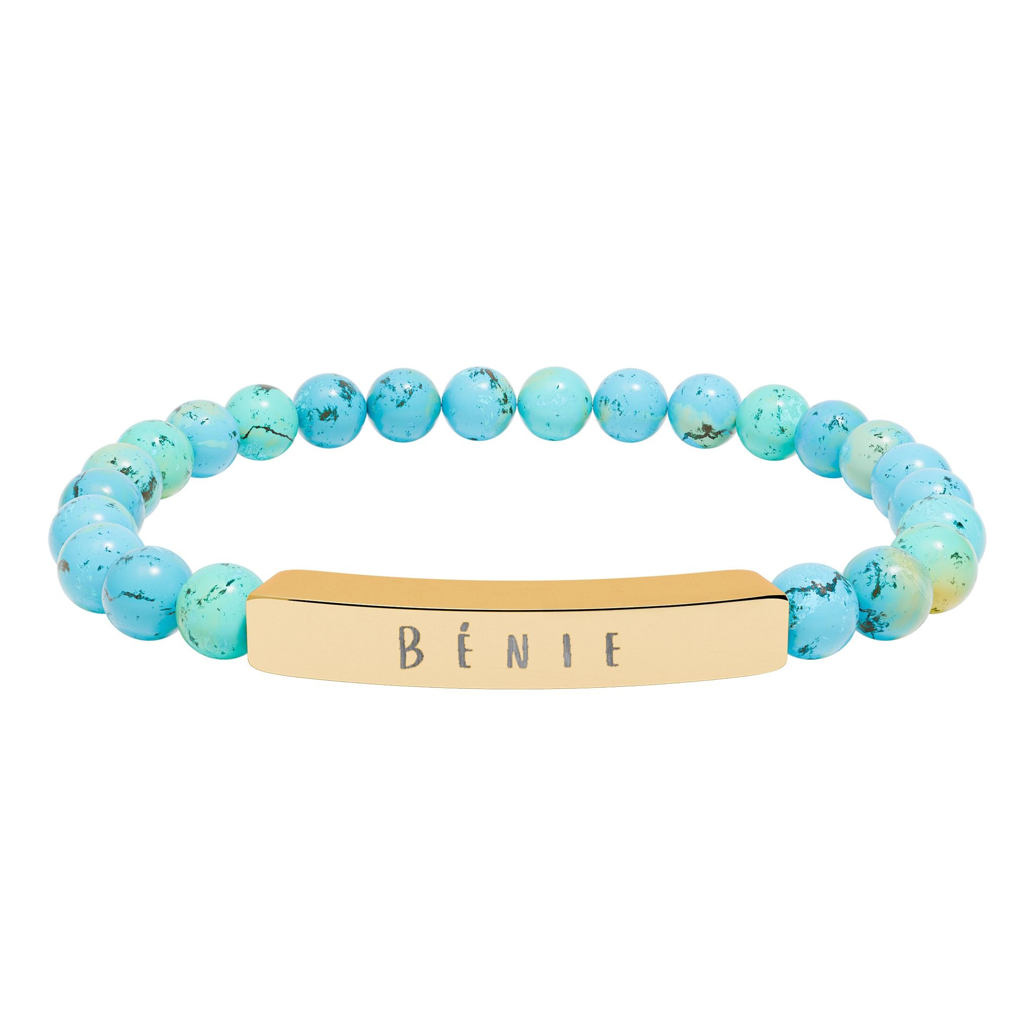 Bénie (Blessed) French beaded Engraved Bar Natural Stone Bracelet, Stretch Bead Bracelet