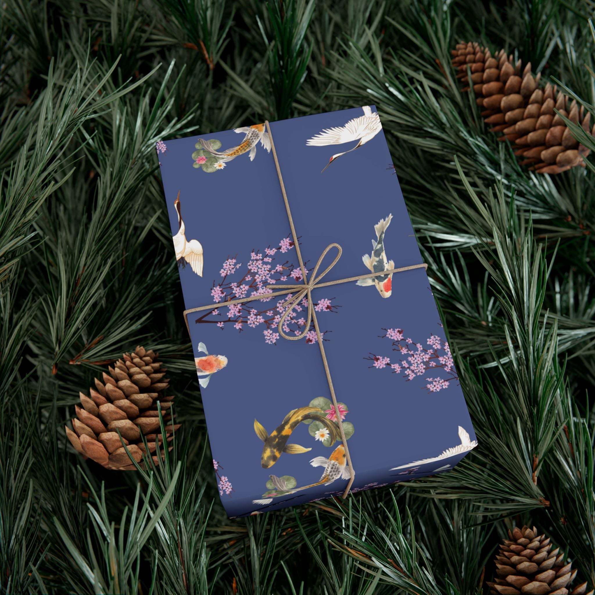 Elegant Koi Fish Cherry Blossom Gift Wrap, indigo Blue Wrapping Paper, Crane Pattern