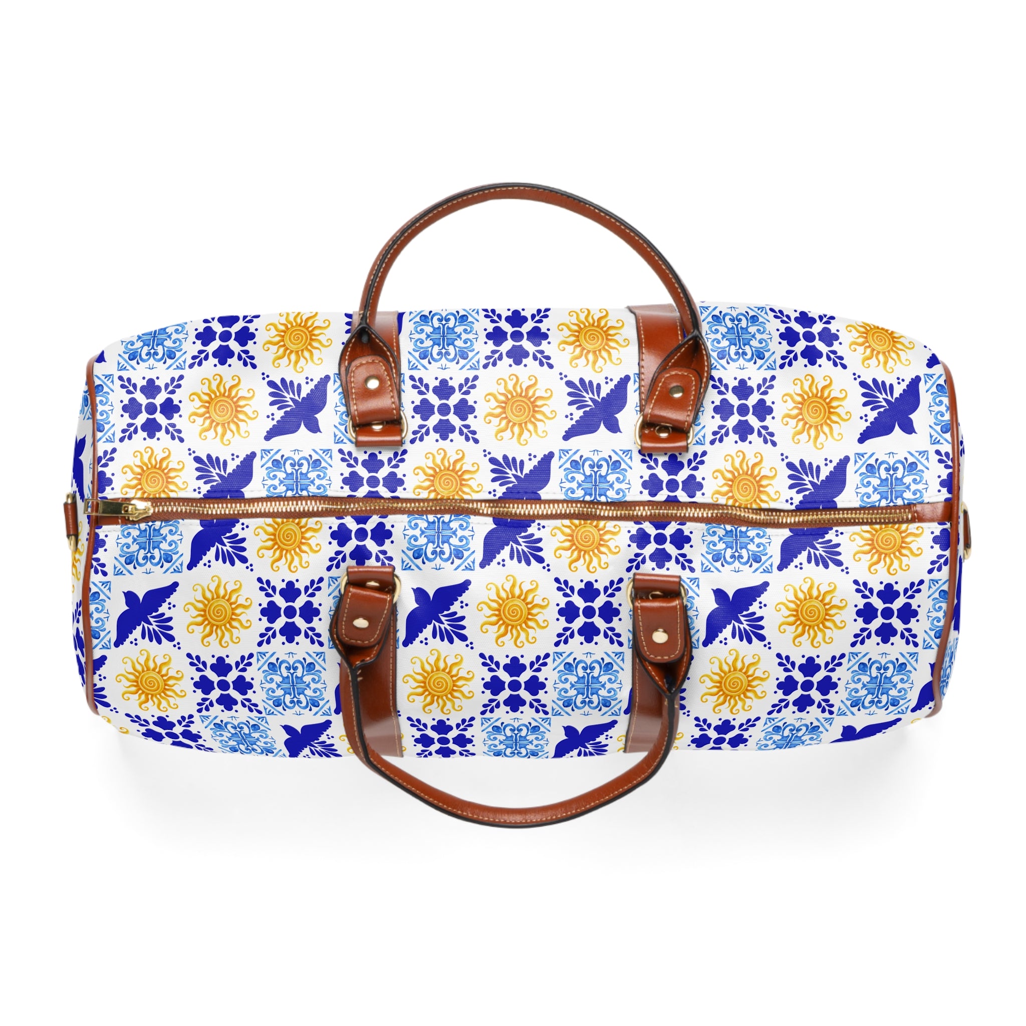Talavera Sol Tile Print Waterproof Travel Bag, Duffle with Sun and Bird Pattern