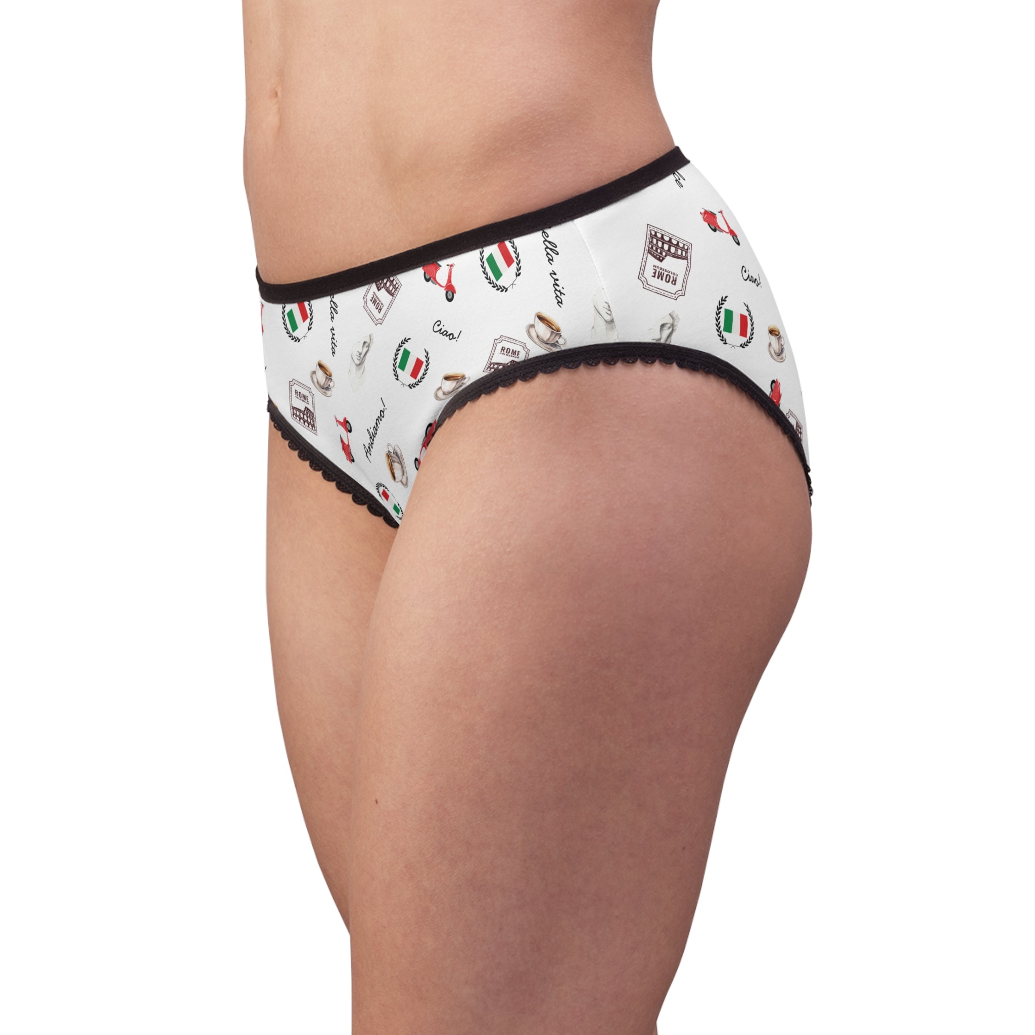 Bella Italiana women's underwear briefs, Italian themed espresso, scooter, flag pattern