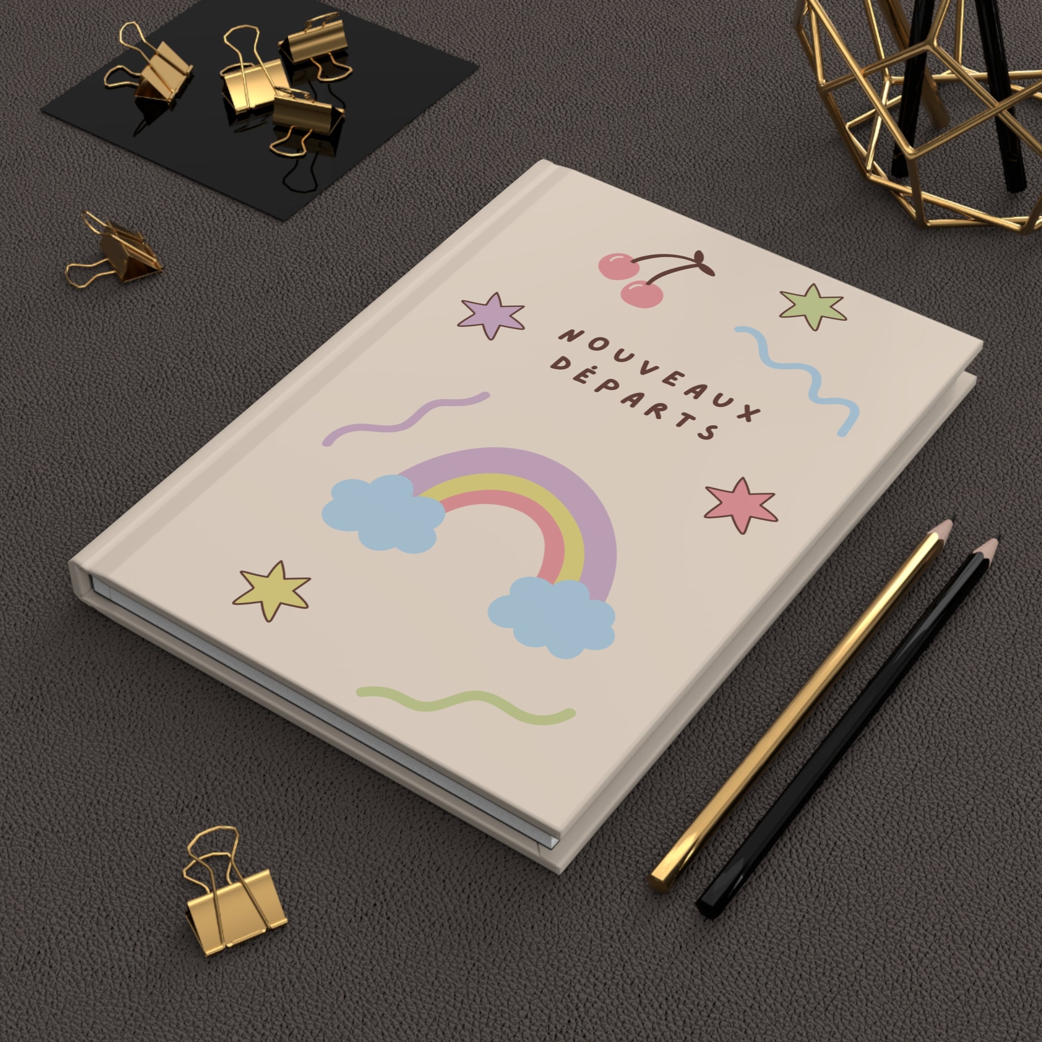 Nouveaux Départs (New Beginnings) French Hardcover Journal, Pastel Rainbow & Doodles Notebook for mindfulness journaling, back to school