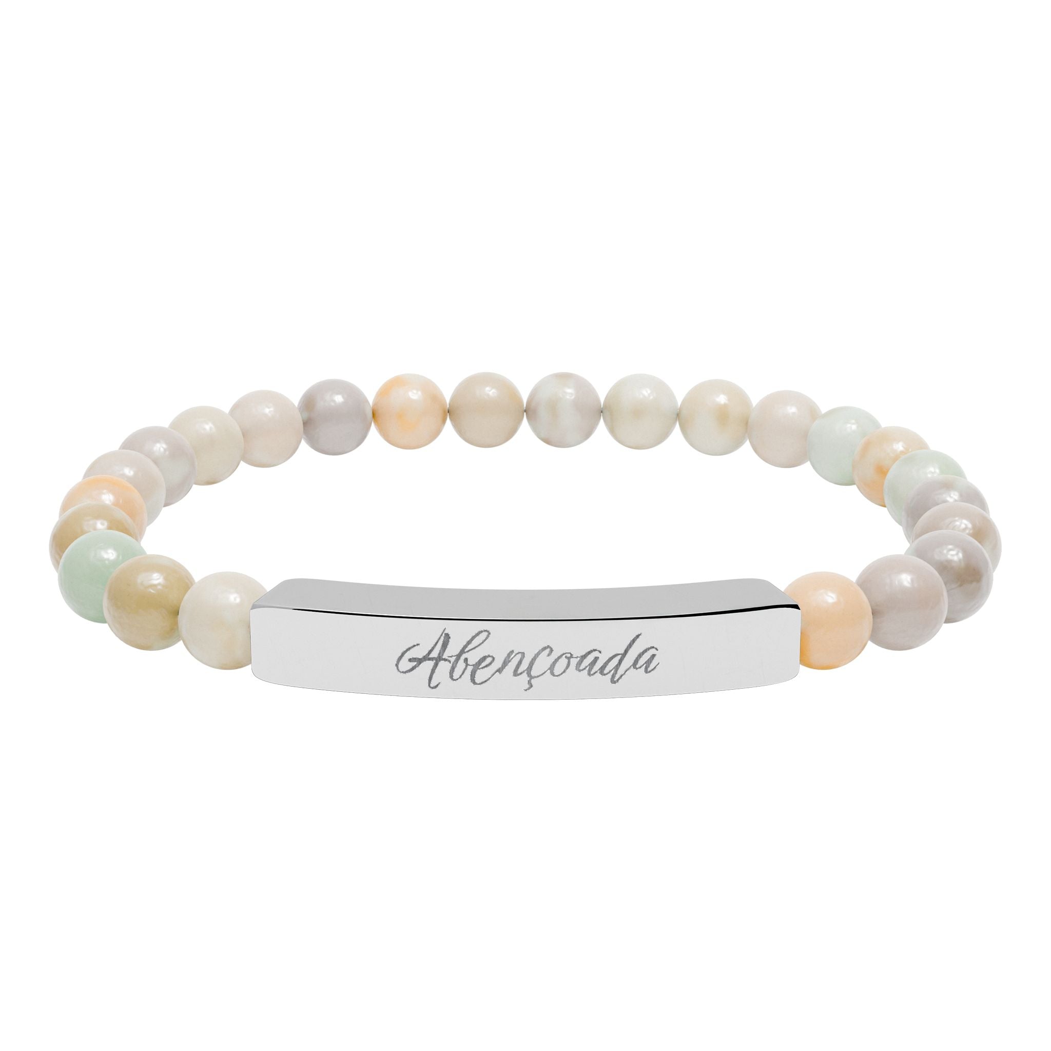 Abençoada Portuguese Blessed Engraved Natural Stone Bead Bracelet, Bar Stretch Bracelet