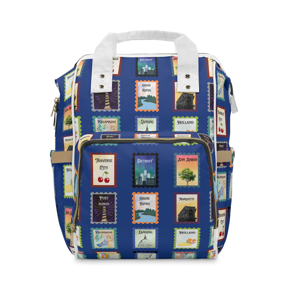 Great Lakes blue Michigan Postage Stamps Diaper Backpack, Blue Travel Stamp Print Multifunctional Baby Bag for Michganders