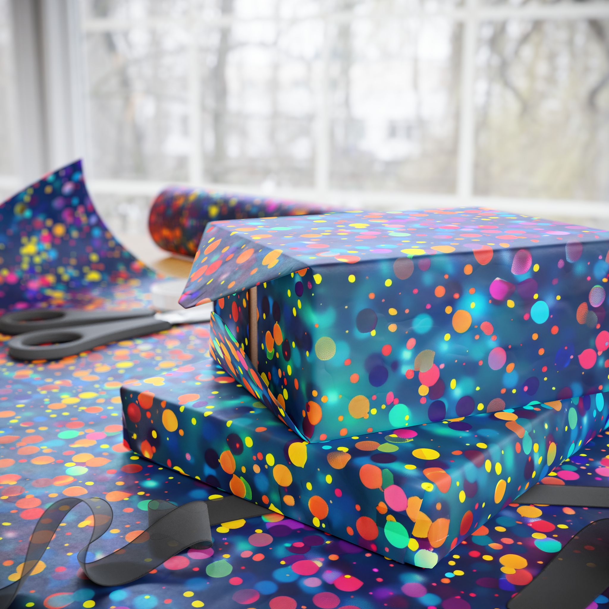 Bespattered Facade Party Time Rainbow Confetti Dots Wrapping Paper | Three Sizes | Glossy or Matte