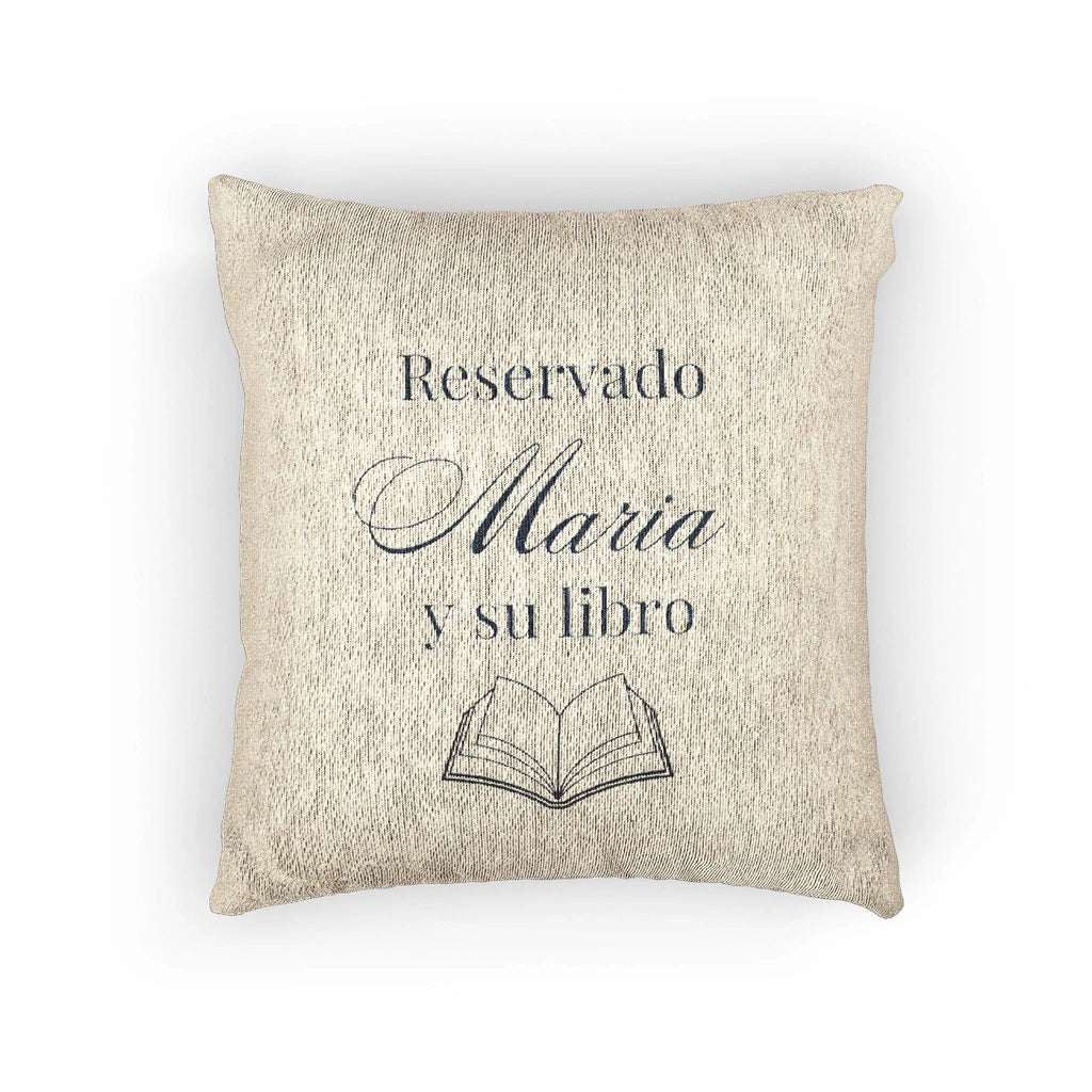 Reservado (nombre) y su libro Spanish Woven Pillow gift, Custom Name gift for Book lovers by Printify