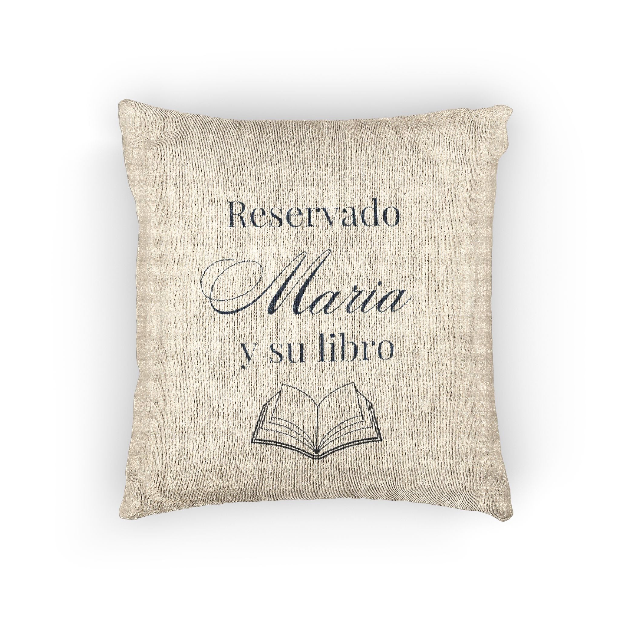 Reservado (nombre) y su libro Spanish Woven Pillow gift, Custom Name gift for Book lovers