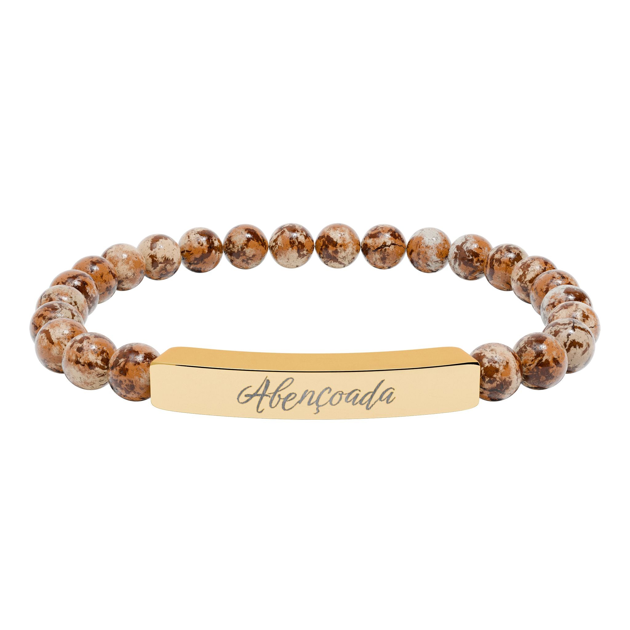 Abençoada Portuguese Blessed Engraved Natural Stone Bead Bracelet, Bar Stretch Bracelet