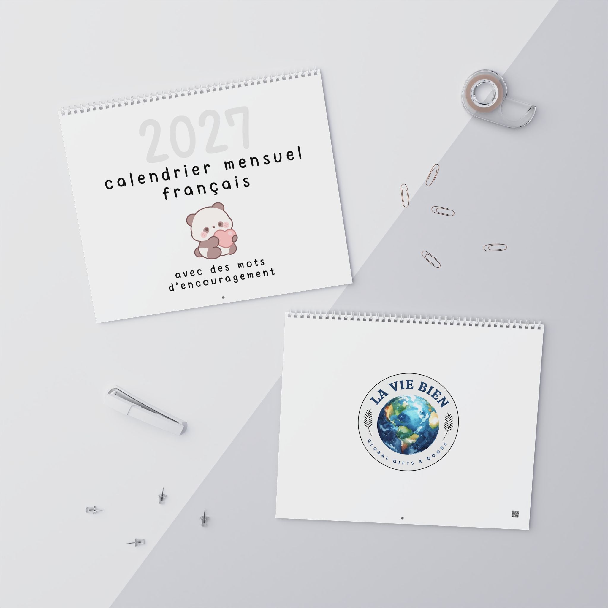French motivational phrases kawaii Monthly Wall Calendar 2027, Cute Encouragement Calendar