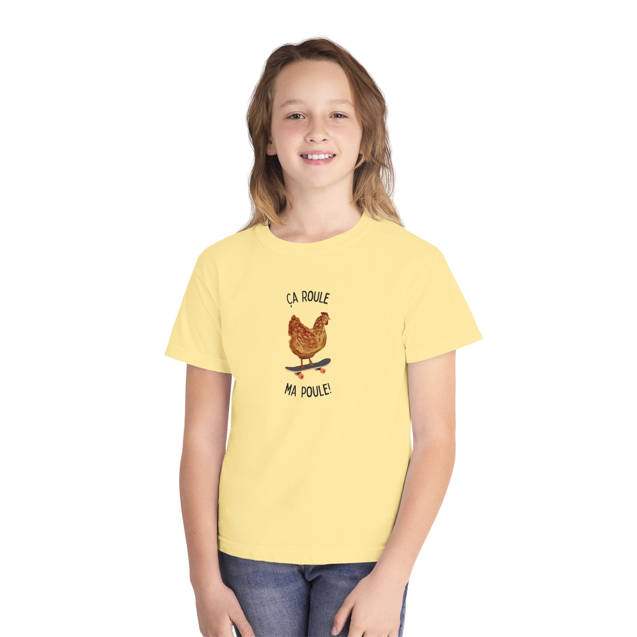 Kids funny French tee "Ça Roule Ma Poule", Youth T-Shirt, Cute Farm Animal Design