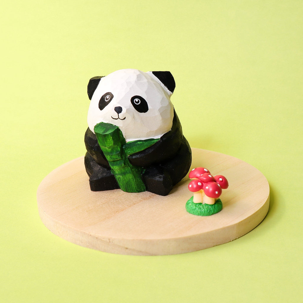 Hand-Carved Wooden Panda Figurine – Cute Handmade Decor with Mini Accessories