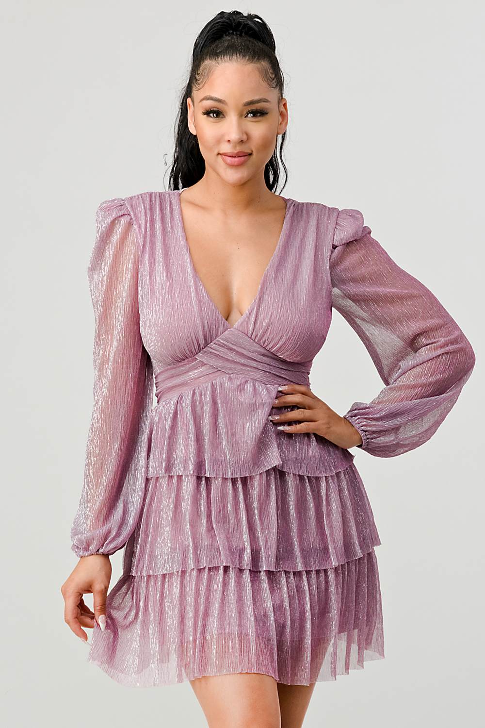 LUX FANTASY GLITTER DEEP V-NECK TIERED PEASANT SLEEVES FIT AND FLARE RUFFLED MINI DRESS