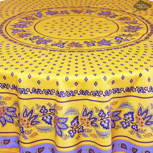 French Provencal tablecloth - Acrylic coated cotton, Spill-proof - 70" Round - Lisa yellow | Le Cluny
