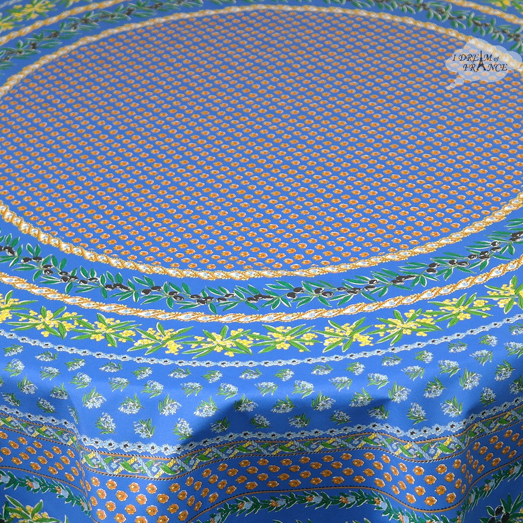 French Provencal tablecloth - Acrylic coated cotton, Spill-proof - 70" Round - Olives blue | Le Cluny