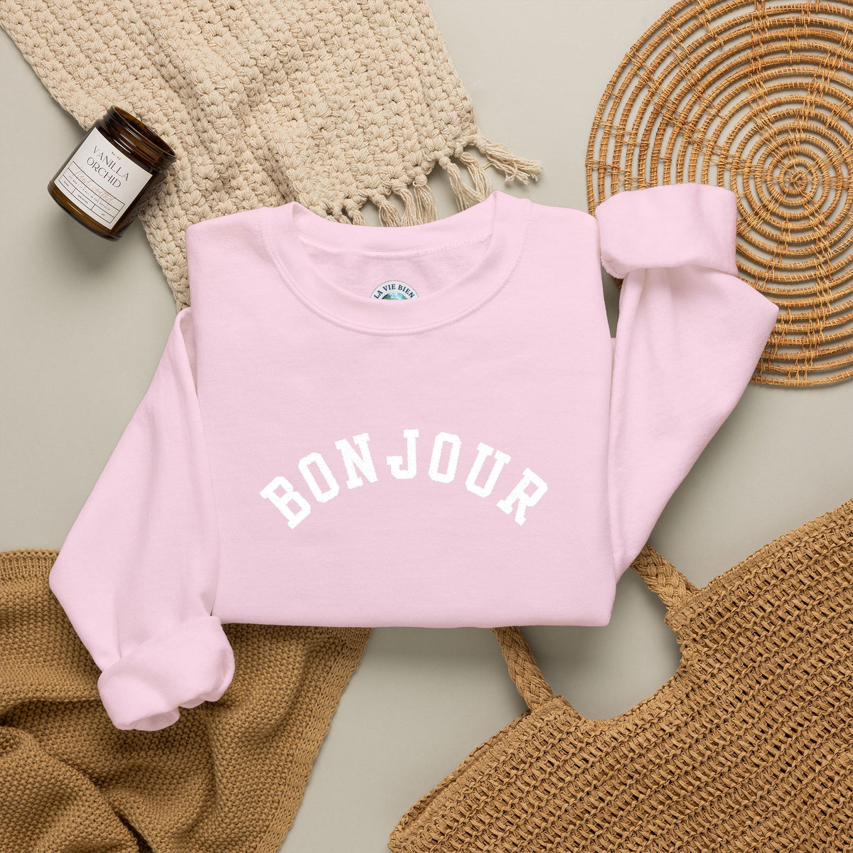Bonjour embroidered collegiate Crewneck Sweatshirt, Minimal French Graphic Pullover