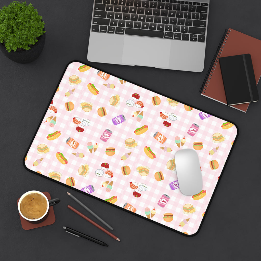 Pink gingham Foodie Picnic Snacks Desk Mat, Cute Food Pattern, light plaid Background