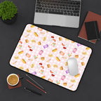 Pink gingham Foodie Picnic Snacks Desk Mat, Cute Food Pattern, light plaid Background