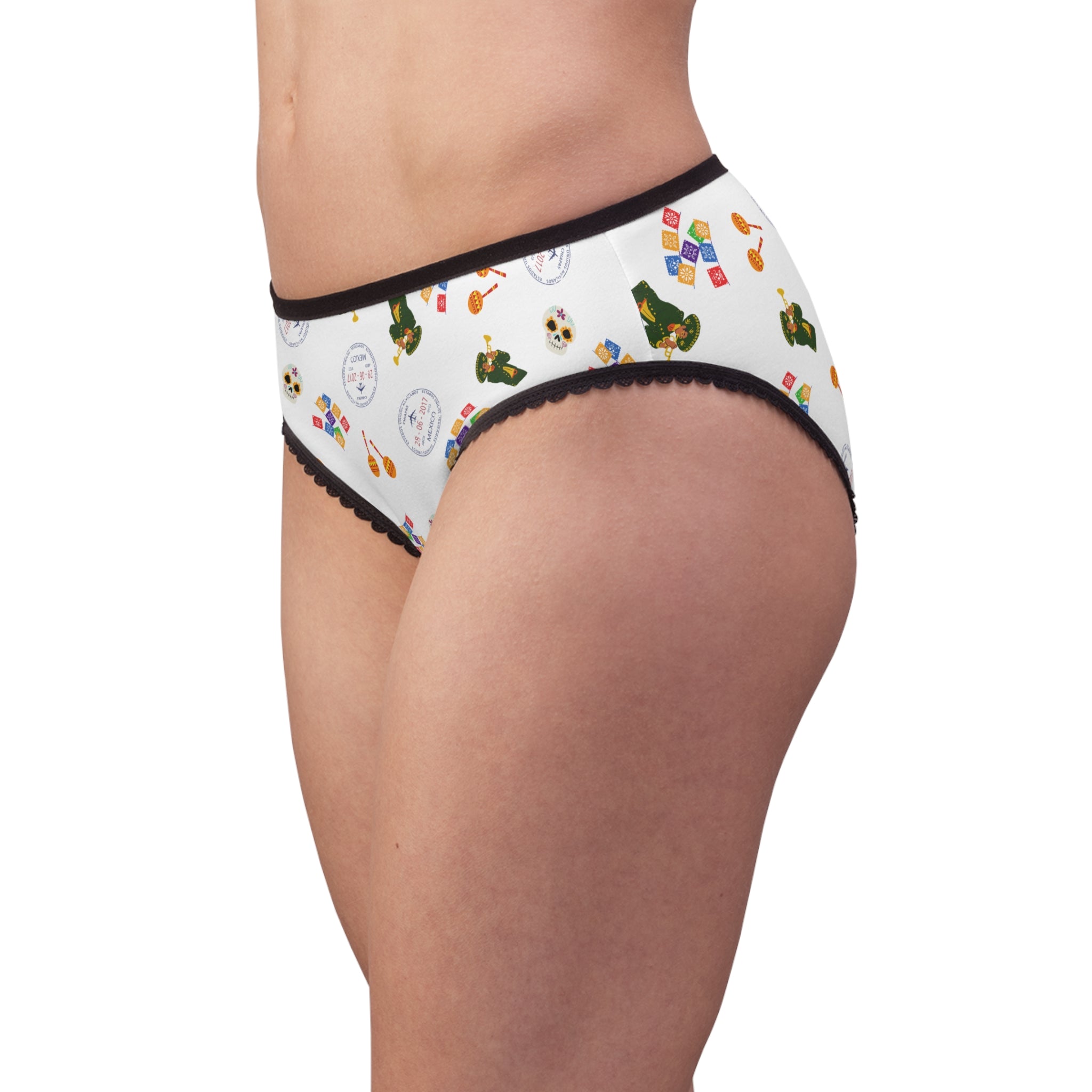 Mexican fiesta women's underwear, Day of the Dead Sugar Skull Pattern Briefs, papel picado and maracas